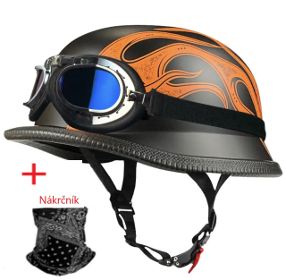 Německá retro helma + retro brýle černá s oranžovým plamenem
